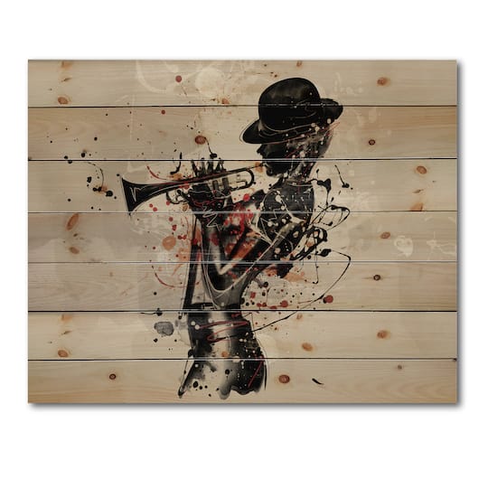 Designart - Woman Playing Jazz Trumpet - Modern Print on Natural Pine Wood